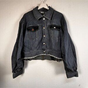 Ade Samuel For I.N.C. Womens Cropped Denim Jacket XL Blue Fringe Raw Hem Pockets